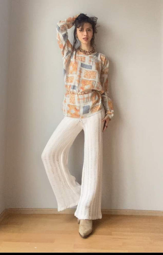 Vintage Patchwork Desenli Oversize Bluz